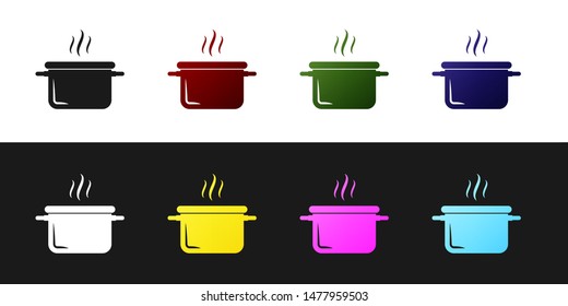 Set Cooking pot icon isolated on black and white background. Boil or stew food symbol.  Vector Illustration