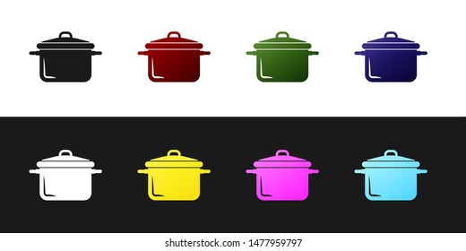 Set Cooking pot icon isolated on black and white background. Boil or stew food symbol.  Vector Illustration