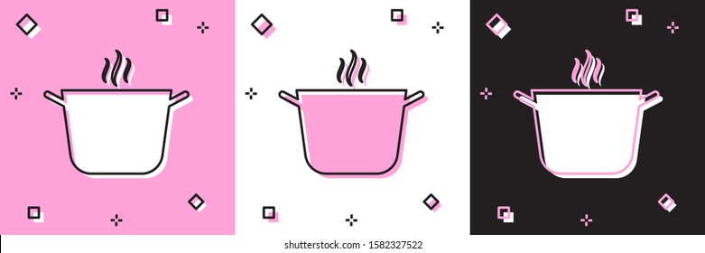 Set Cooking pot icon isolated on pink and white, black background. Boil or stew food symbol.  Vector Illustration