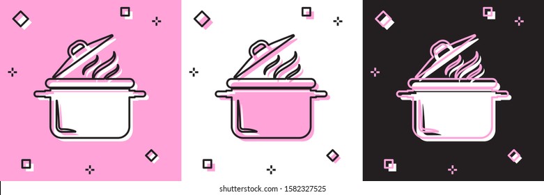 Set Cooking pot icon isolated on pink and white, black background. Boil or stew food symbol.  Vector Illustration
