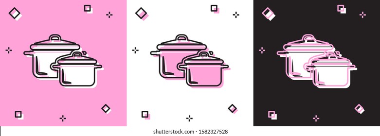 Set Cooking pot icon isolated on pink and white, black background. Boil or stew food symbol.  Vector Illustration