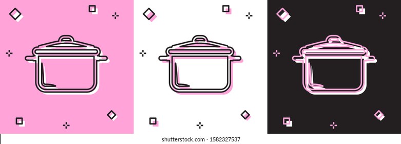 Set Cooking pot icon isolated on pink and white, black background. Boil or stew food symbol.  Vector Illustration