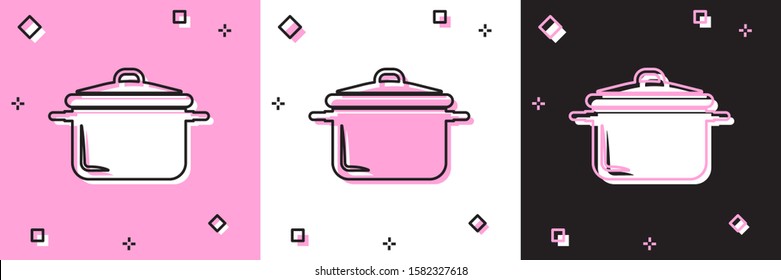Set Cooking pot icon isolated on pink and white, black background. Boil or stew food symbol.  Vector Illustration