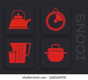 Ponga la olla de cocina , el costillar con asa , el temporizador de cocina y el icono de la copa de medida. Vector