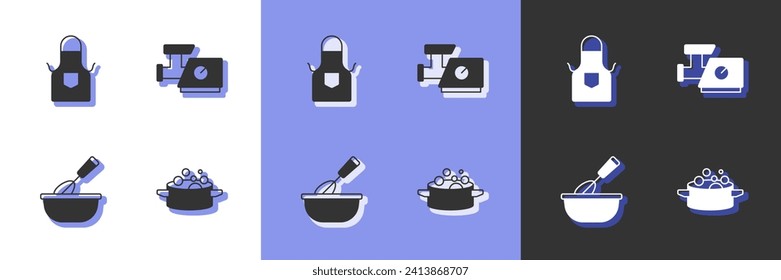 Set Cooking pot, Kitchen apron, whisk with bowl and meat grinder icon. Vector