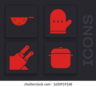 Set Cooking pot, Kitchen colander, Oven glove and Knife icon. Vector