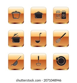 Set Cooking pot, Kitchen colander, ladle, Salt pepper, Washing dishes and  icon. Vector