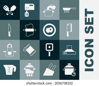 Set Cooking pot, Kitchen extractor fan, Meat chopper, Rolling pin on dough, Knife, Crossed fork and spoon and Scrambled eggs icon. Vector