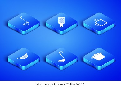 Set Cooking pot, Kitchen ladle, colander, Grater and Coffee cup icon. Vector