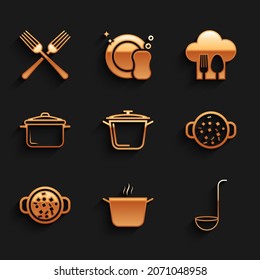 Set Cooking pot, Kitchen ladle, soup, Chef hat with fork and spoon and Crossed icon. Vector