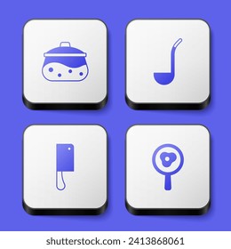 Set Cooking pot, Kitchen ladle, Meat chopper and Fried eggs on frying pan icon. White square button. Vector