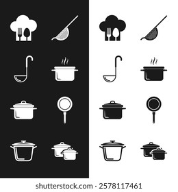 Set Cooking pot, Kitchen ladle, Chef hat with fork and spoon, colander, Frying pan,  and  icon. Vector