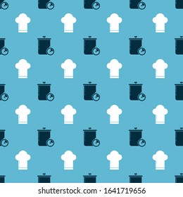 Set Cooking pot and kitchen timer and Chef hat on seamless pattern. Vector.