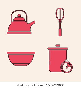 Ajuste el temporizador de cocina y la olla de cocina , el hervidor con asa , el whisky de cocina y el icono del Bowl. Vector