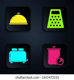 Set Cooking pot and kitchen timer , Covered with a tray of food , Toaster with toasts  and Grater . Black square button. Vector