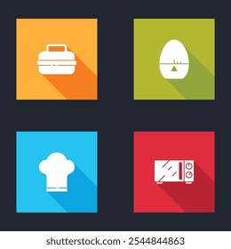 Set Cooking pot, Kitchen timer, Chef hat and Microwave oven icon. Vector