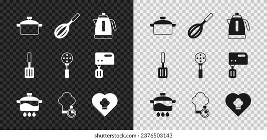 Cocina, hervidor eléctrico, sombrero de chef, espátula de barbacoa e icono de la espátula. Vector