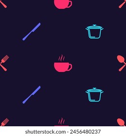 Set Olla de cocina, cuchillo, taza de café y tenedor cruzado y cuchara en un patrón sin fisuras. Vector
