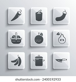 Set Cooking pot, Knife, Pear, Orange fruit, Banana, Basket and food, Hot chili pepper and Eggplant icon. Vector