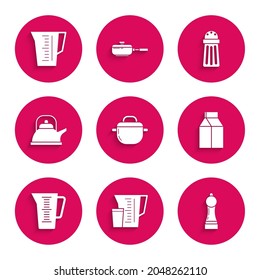 Set Cooking pot, Measuring cup, Pepper, Paper package for milk, Kettle with handle, Salt and icon. Vector