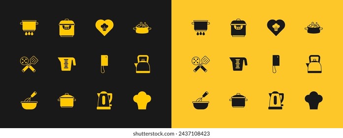 Set Cooking pot, Meat chopper, Electric kettle, Measuring cup, Chef hat, on fire and Slow cooker icon. Vector