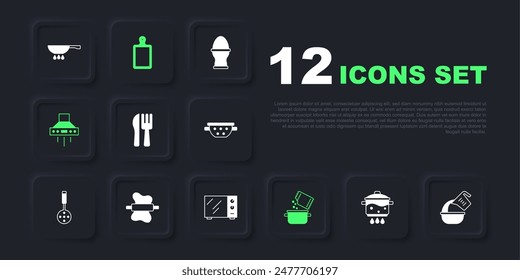 Set Cooking pot on fire, Measuring cup and bowl, Crossed knife fork, spice, Kitchen extractor fan, Rolling pin dough, Cutting board and Microwave oven icon. Vector