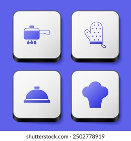 Set Cooking pot on fire, Oven glove, Covered with tray of food and Chef hat icon. White square button. Vector