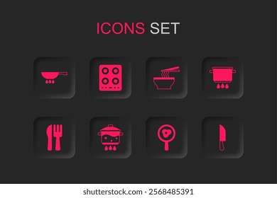 Set Cooking pot on fire, Gas stove, Frying pan, Fried eggs frying, Knife, Asian noodles bowl and Crossed knife and fork icon. Vector