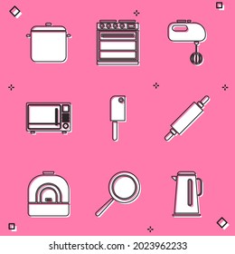 Set Cooking pot, Oven, Electric mixer, Microwave oven, Meat chopper, Rolling pin,  and Frying pan icon. Vector