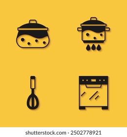 Set Cooking pot, Oven, Kitchen whisk and on fire icon with long shadow. Vector