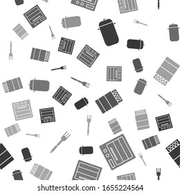 Set Cooking pot, Oven, Open matchbox and matches and Fork on seamless pattern. Vector