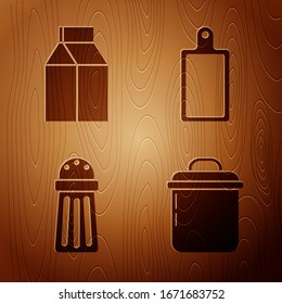 Set Cooking pot , Paper package for milk , Salt  and Cutting board  on wooden background. Vector