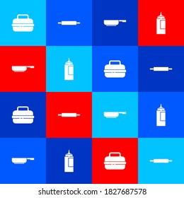 Set Cooking pot, Rolling pin, Frying pan and Sauce bottle icon. Vector.