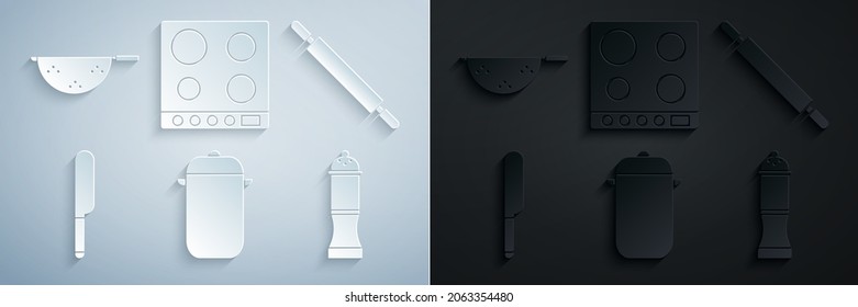 Set Cooking pot, Rolling pin, Knife, Pepper, Gas stove and Kitchen colander icon. Vector