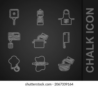 Set Cooking pot, Rolling pin on dough, Saucepan, Meat chopper, Chef hat, Electric mixer, Kitchen apron and Frying icon. Vector