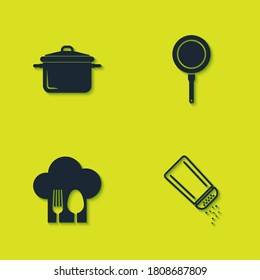 Set Cooking pot, Salt and pepper, Chef hat with fork spoon and Frying pan icon. Vector.