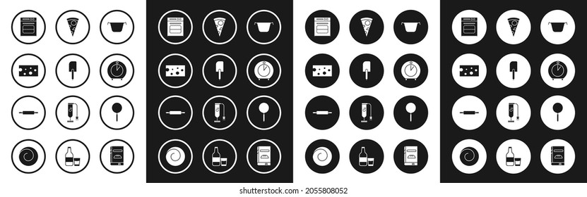 Set Cooking pot, Spatula, Cheese, Oven, Kitchen timer, Slice of pizza, Frying pan and Rolling pin icon. Vector