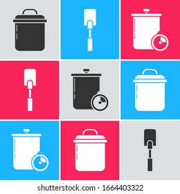 Coloque el icono del temporizador de cocina y la olla de cocina, la espátula y la olla de cocina. Vector