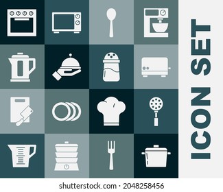 Set Cooking pot, Spatula, Toaster, Spoon, Covered with tray, Electric kettle, Oven and Salt icon. Vector