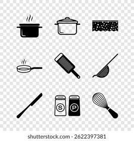 Set Cooking pot, Sponge with bubbles, Knife, Salt and pepper, Kitchen whisk, Frying pan and Grater icon. Vector