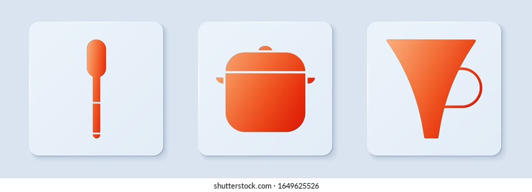 Set Cooking pot, Spoon and Funnel or filter. White square button. Vector