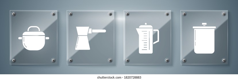 Cocinar en olla, tetera, café y olla de cocina. Paneles de vidrio cuadrado. Vector