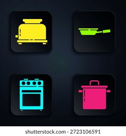 Set Cooking pot, Toaster, Oven and Frying pan. Black square button. Vector