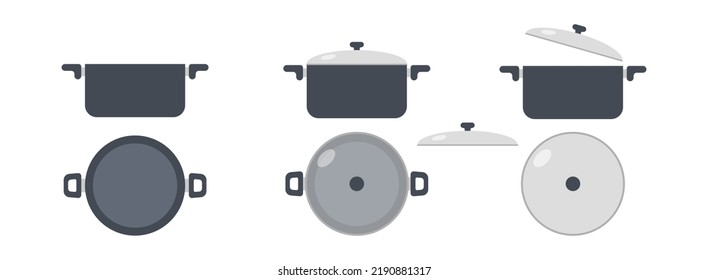 Set Of Cooking Pots Icon Clipart Vector Illustration. Kitchen Pot Or Stew Pot Sign Flat Vector Design. Cooking Pot With And Without Lid Icon. Stainless Steel Pot Cartoon Clipart. Kitchen Tool Concept