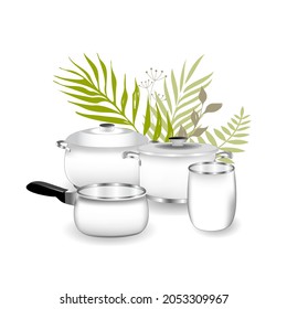 A Set Of Cooking Pots. Realistic Kitchen Pots To Illustrate A Cookware Store.