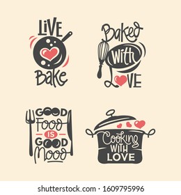 Set of cooking quotes label, typography and handwriting vector