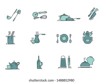 Set of cooking related. Vector flat design icons, isolated on white background.