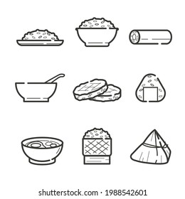 Set of cooking rice and glutinous rice food staple icon outline.