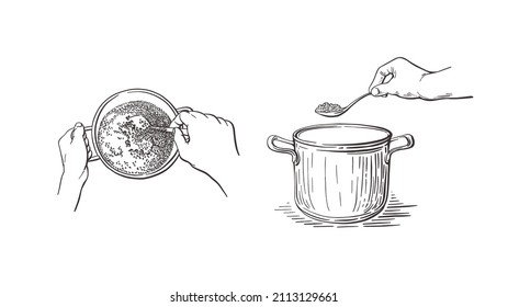 Set cooking. Sketch top and side view. Soup or porridge. Vintage pot, hand and spoon. Graphic vector illustration isolated on white background