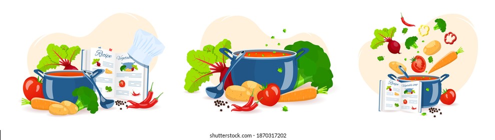 Set of cooking soup. Pan with soup, Recipe book and Vegetables. Recipes, homemade food, food preparation, learning concept. Vector illustration for flyer, poster, banner.